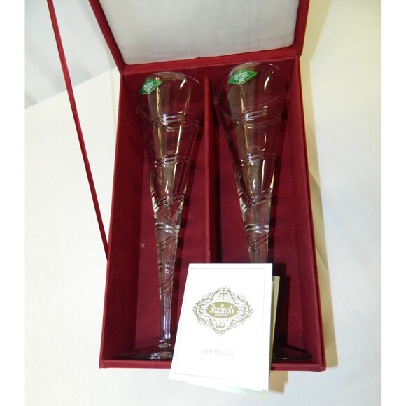 Shannon Crystal Godinger Champagne Flutes Set Of 2 In Red Satin-Lined Gift Box - Picture 2 of 14